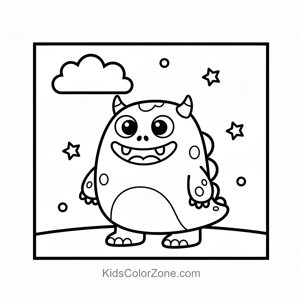 Cheerful Spotted Monster Character in Square Frame Sketch