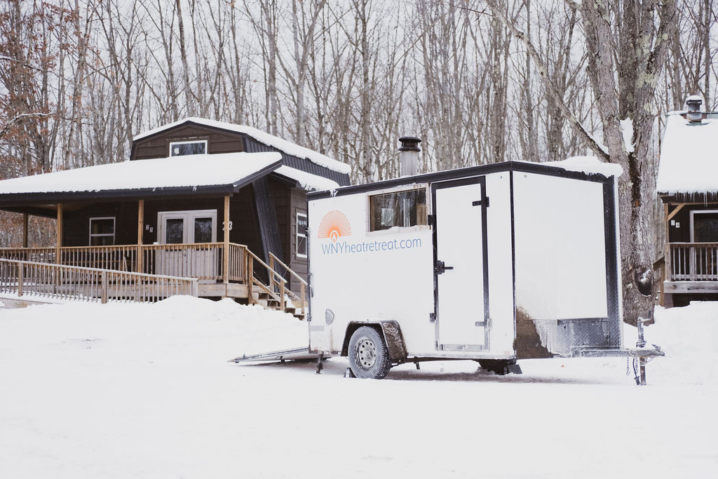 Snowy forest sauna setup