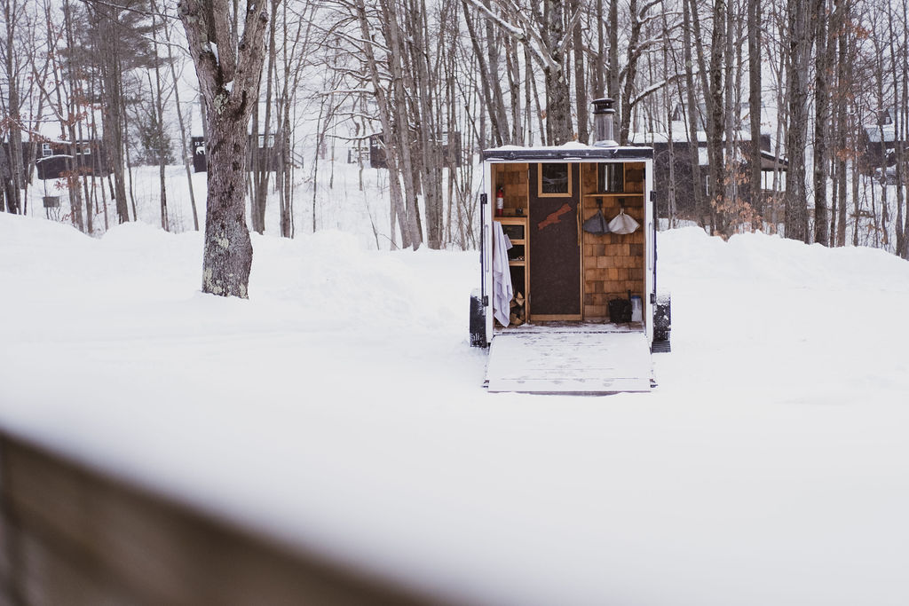 Mobile sauna in winter setting