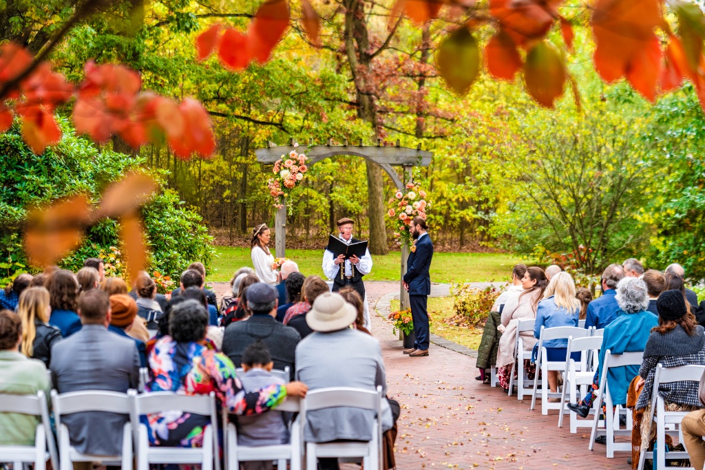 Bride and groom in vibrant colorful wedding portrait at an outdoor Pittsburgh ceremony