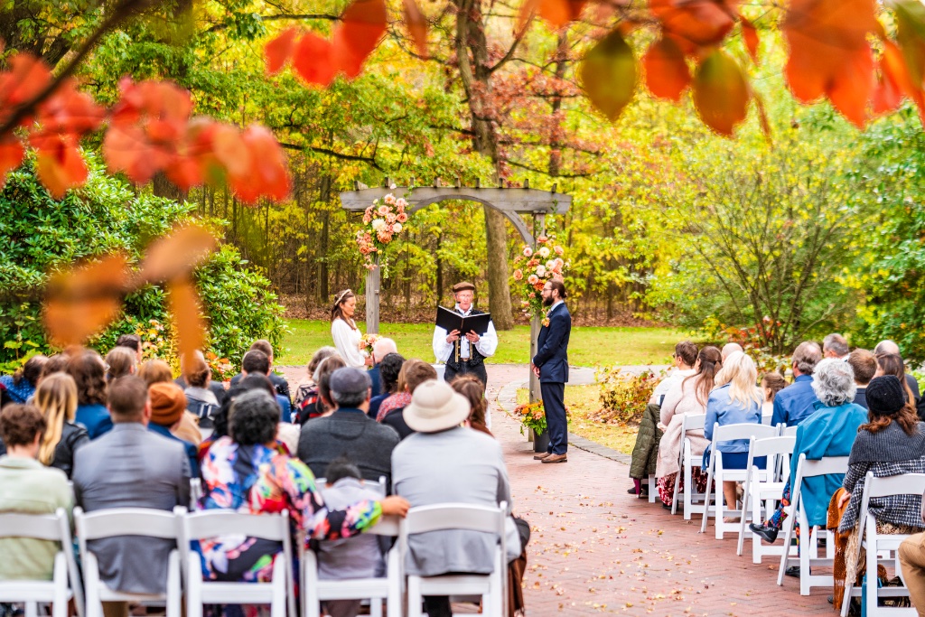 Bride and groom portrait after professional editing, autumn foliage at a Western PA wedding
