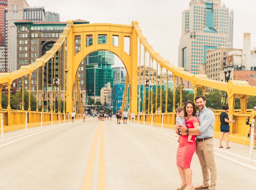 Couple sharing a natural moment during an outdoor portrait session in Pittsburgh