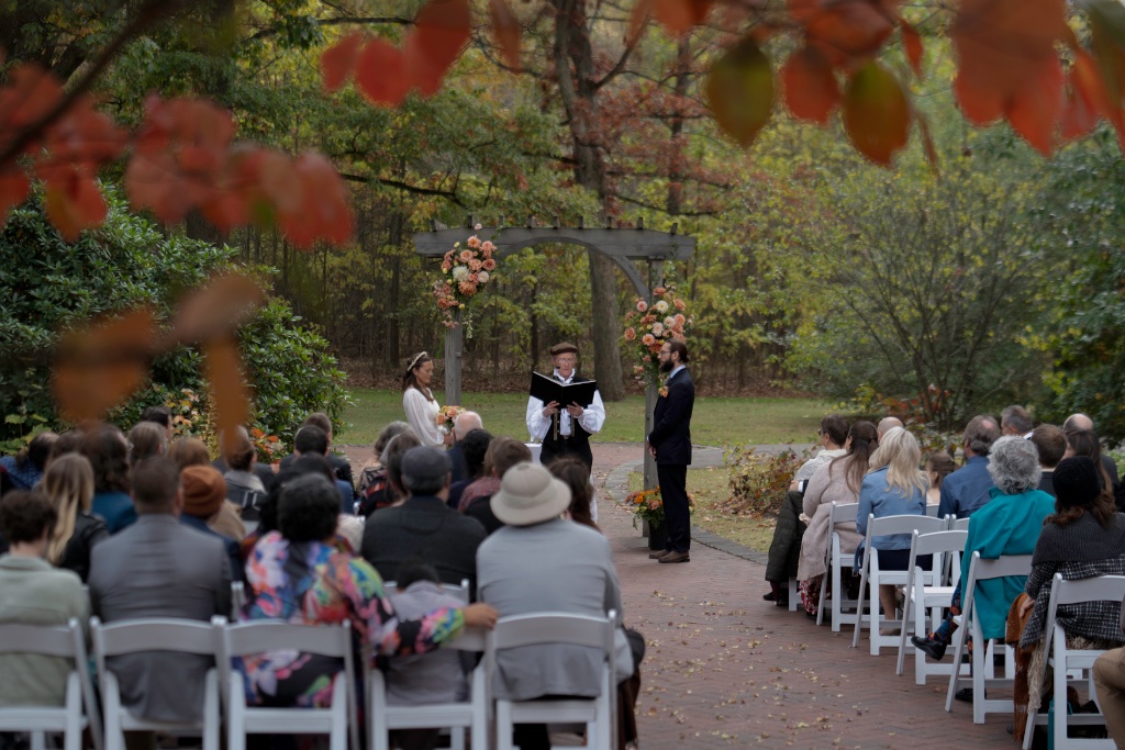 Bride and groom portrait before editing, surrounded by autumn foliage at a Western PA wedding