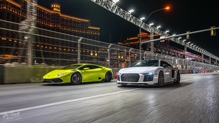 Lamborghini and Audi R8 on the Las Vegas Strip at night
