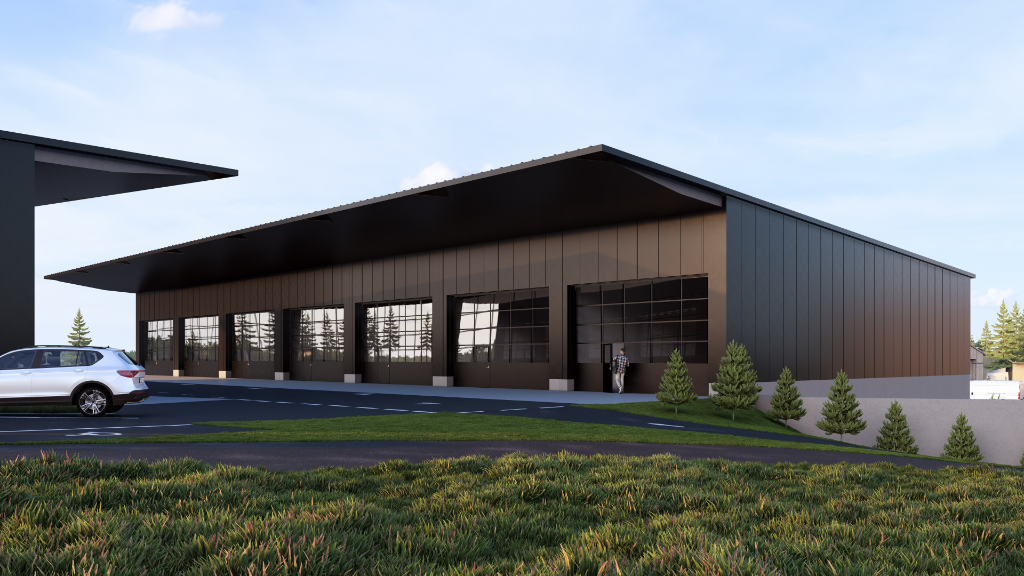 Visualisierung Gewerbehalle Henggart – Aussenansicht mit Garagentoren 1