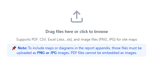 Drag and drop lab reports, PDF documents, CSV or Excel files to upload for site analysis