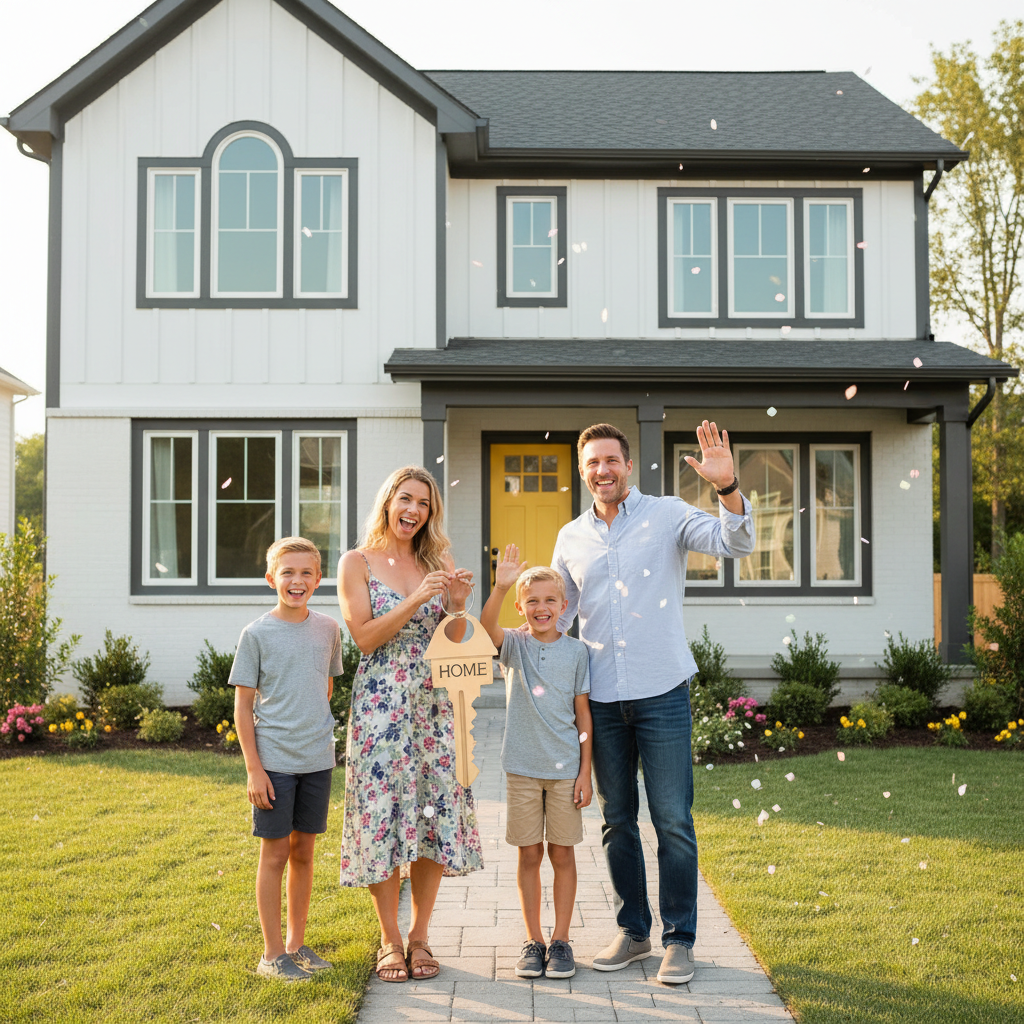 Happy family in their new home