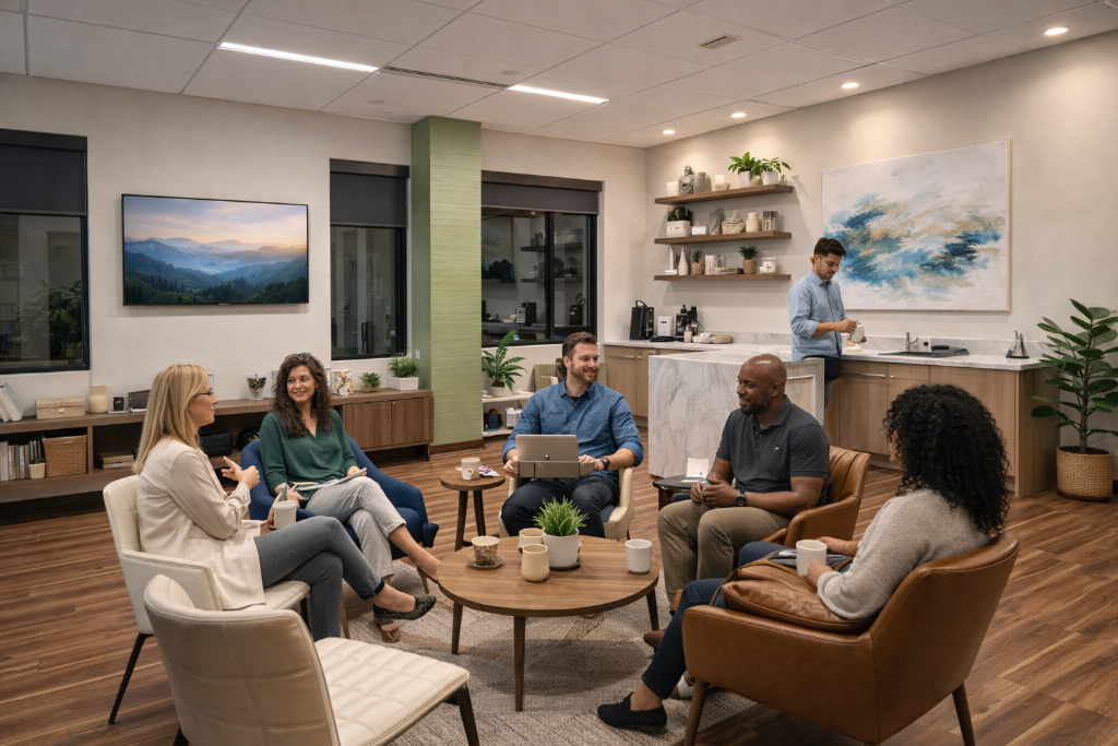 Provider lounge with seating and kitchen at CoRise in Ontario, California