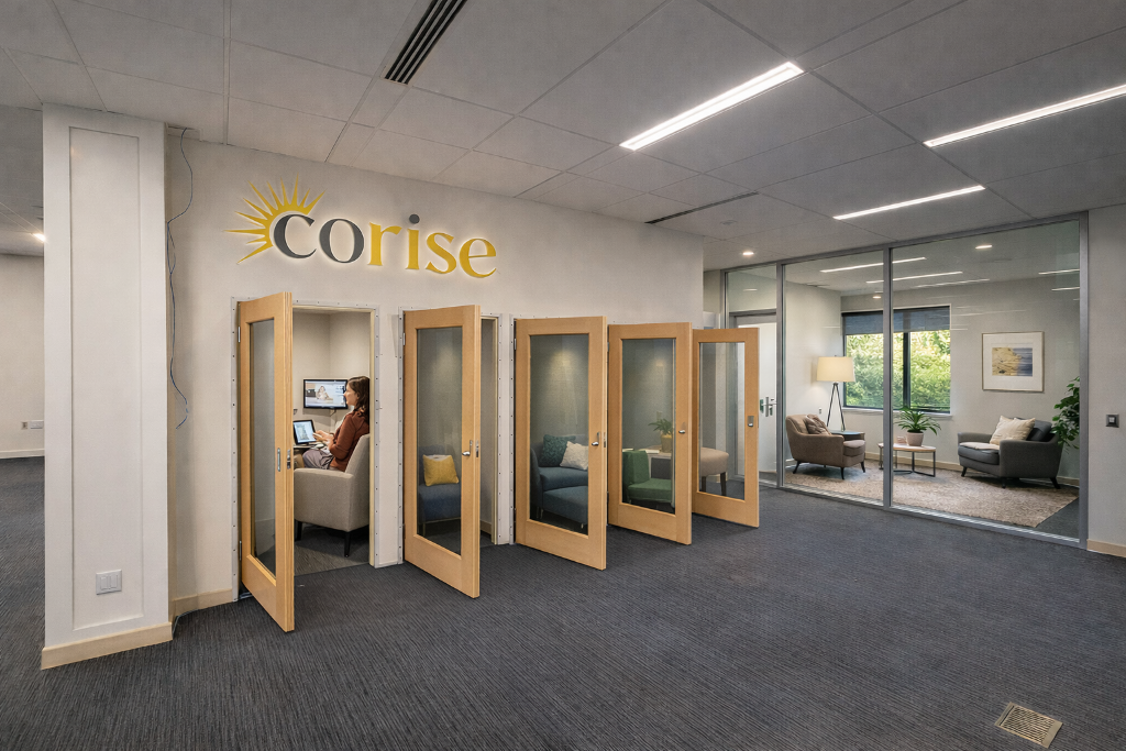 Telehealth pods with glass doors at CoRise in Ontario, California
