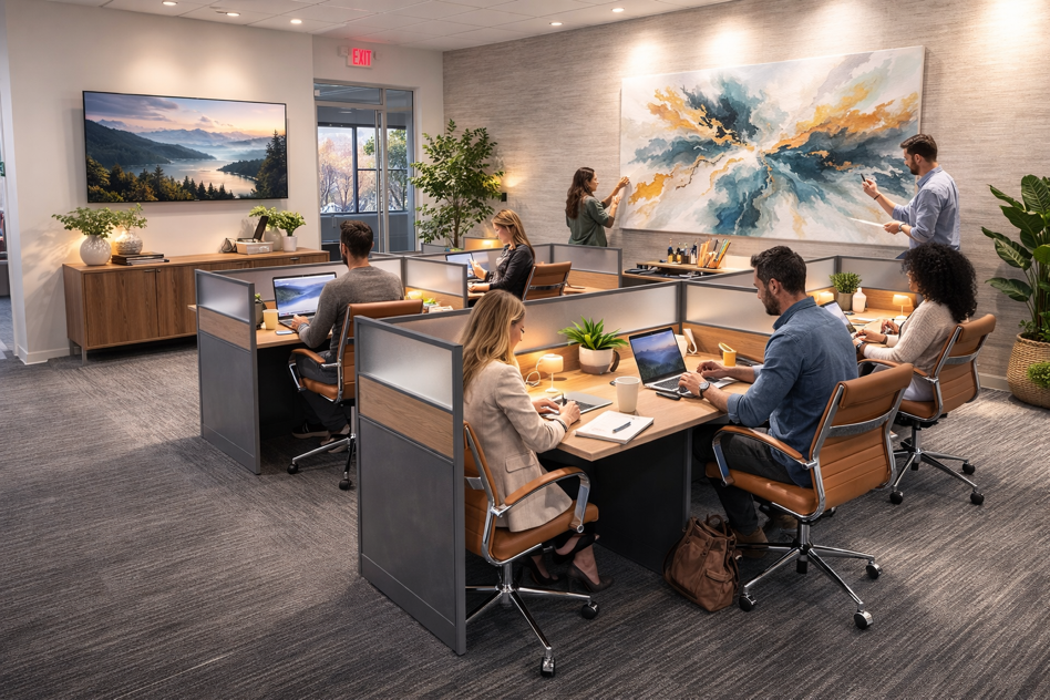 Shared desks with dividers at CoRise in Ontario, California