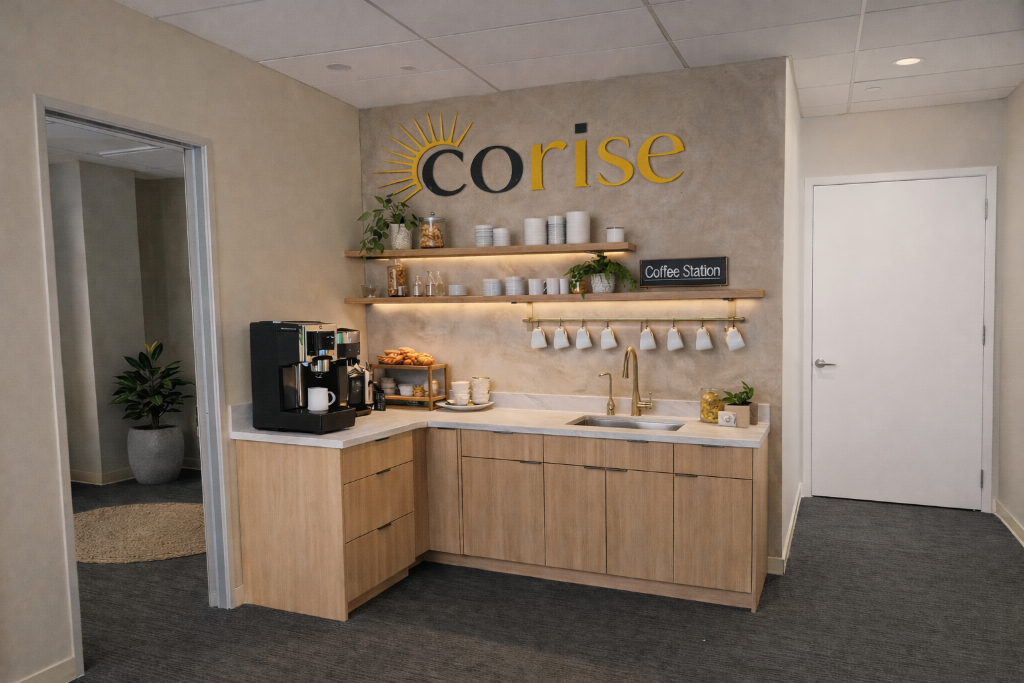 Coffee station at CoRise in Ontario, California