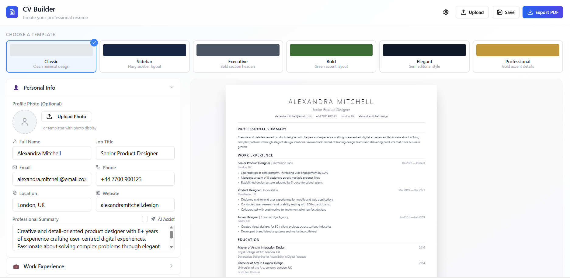 Dynamic CV template preview