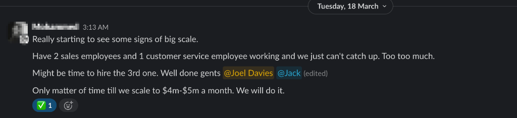 Client Slack message