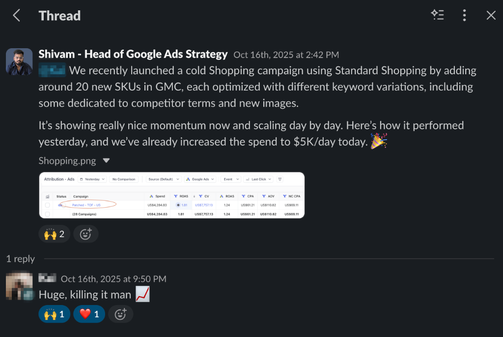 Client Slack message
