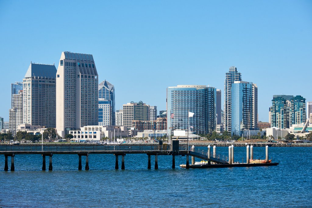 San Diego waterfront with kayaks and downtown skyline