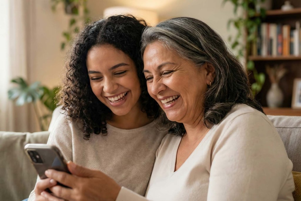 Daughter and mother laughing together with phone