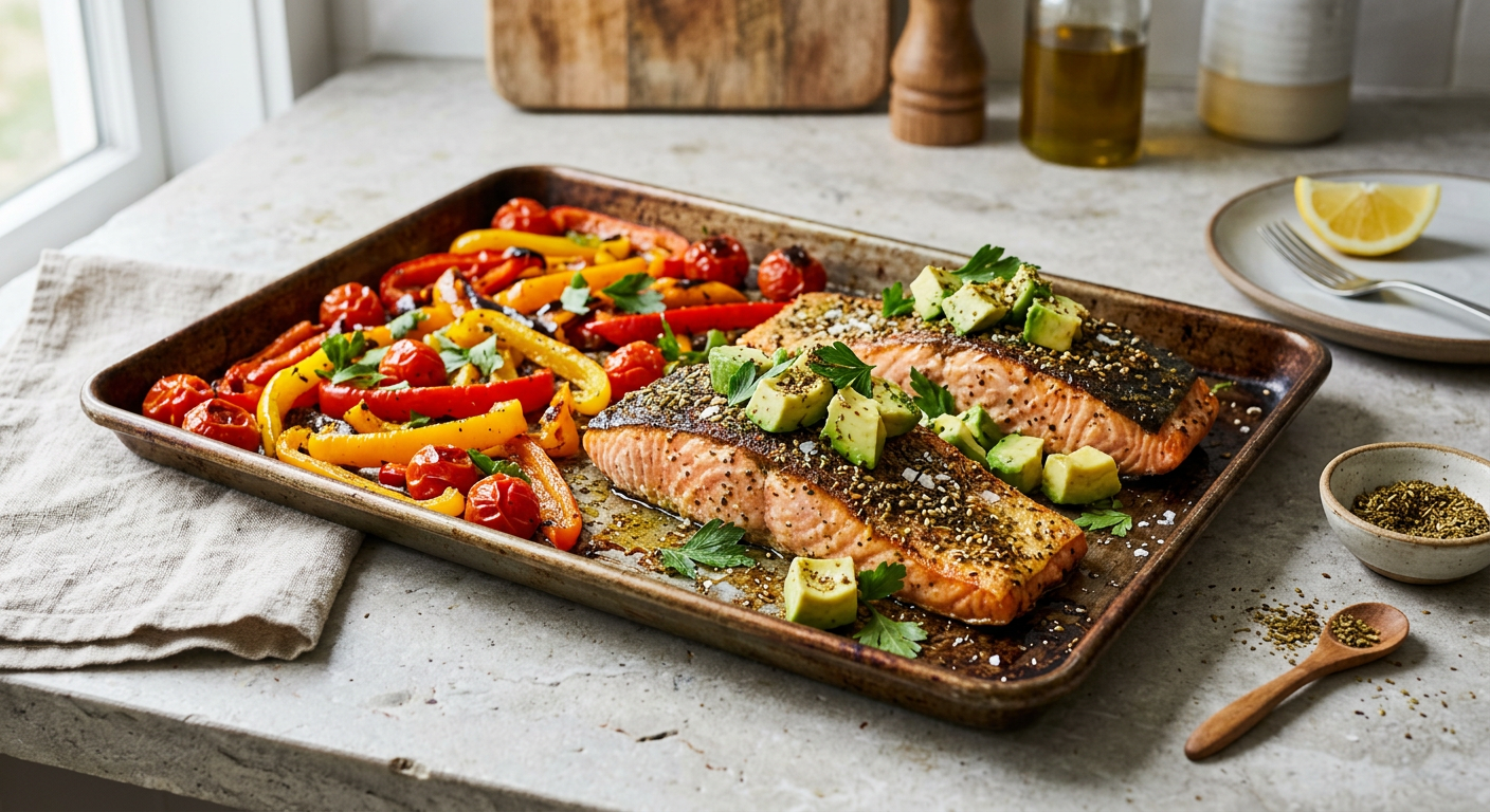 Sheet-Pan Salmon with Bell Peppers (creamy avocado + za'atar)