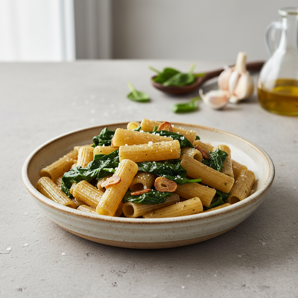 Rigatoni with Spinach (garlic + olive oil)