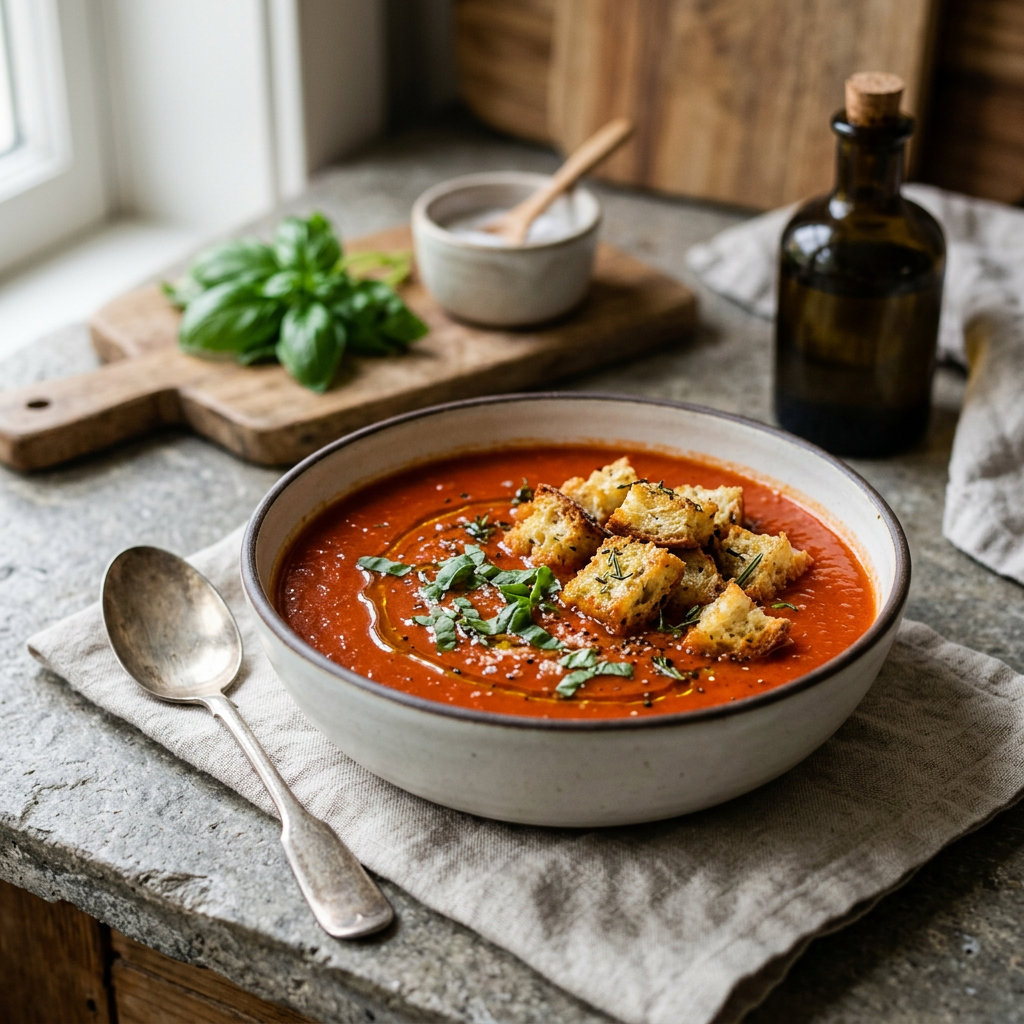 Weeknight Tomato Soup with herby croutons (optional)