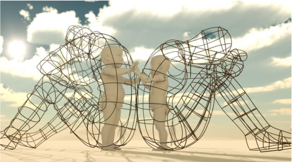 Love sculpture by Alexander Milov — wire-frame adults with glowing inner children reaching toward each other