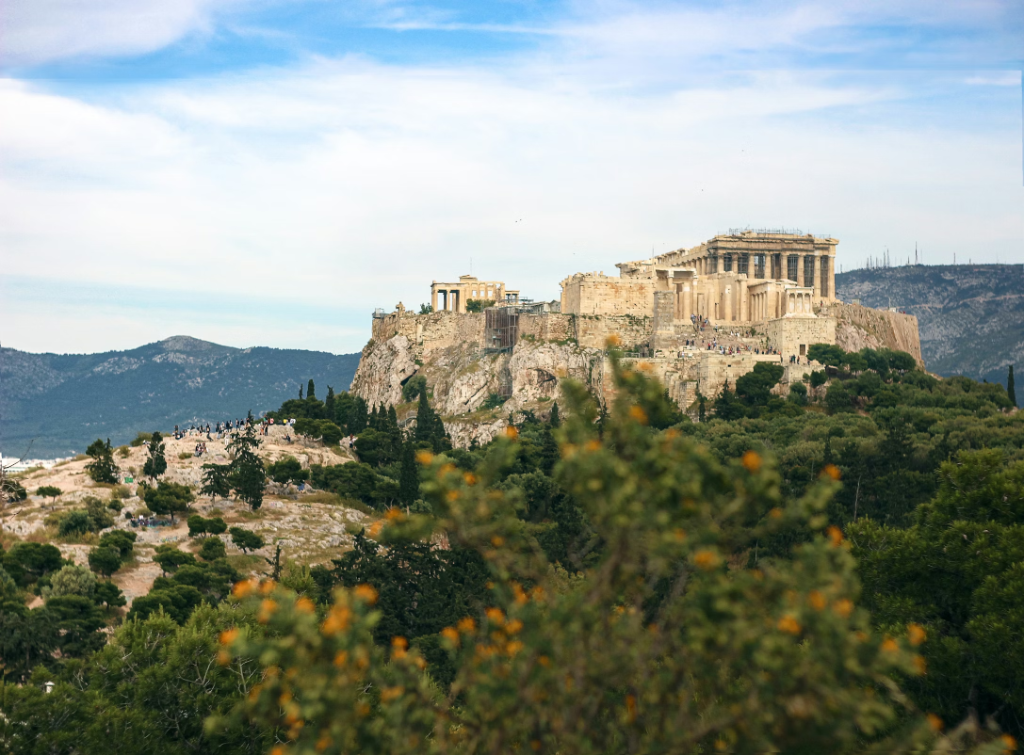 Acropolis panorama view from the Athenian neighborhood near Chiki Casa apartments