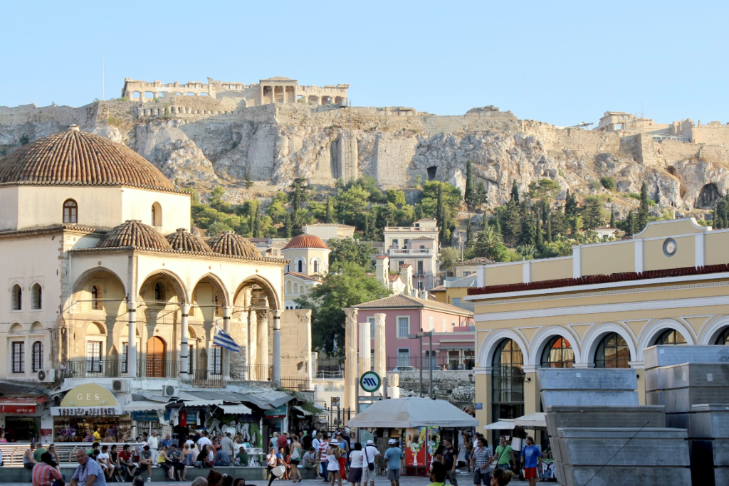 Monastiraki Square Athens Greece — bustling market near vacation apartments
