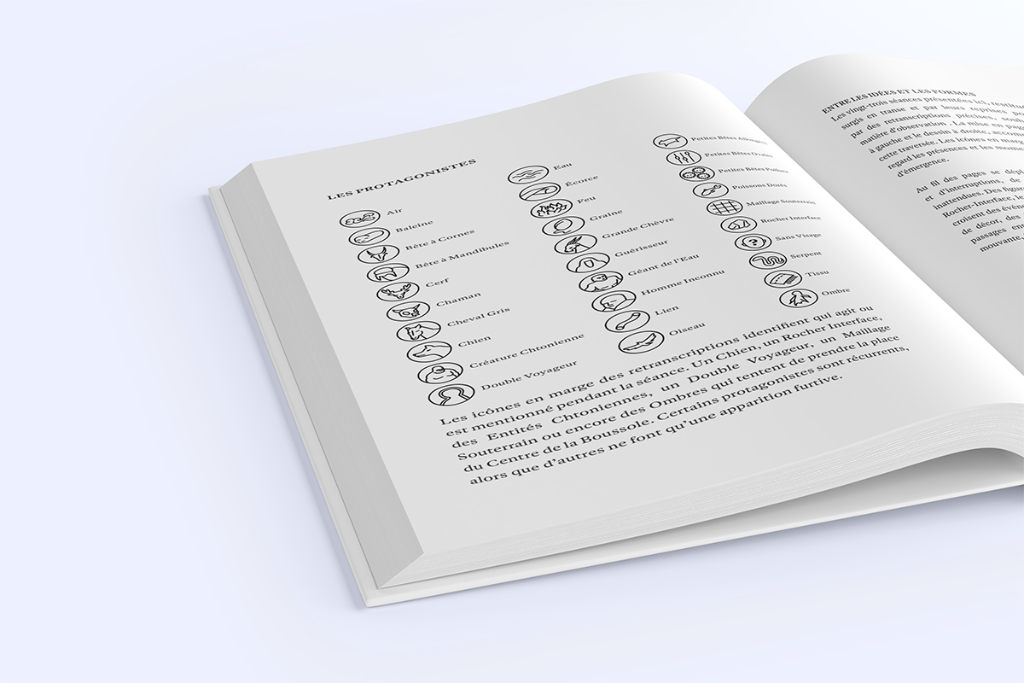 Vue plongeante sur une double page du livre montrant la liste des protagonistes