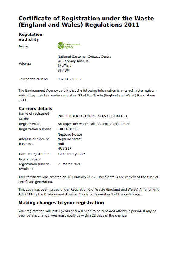 Waste Carrier Registration certificate
