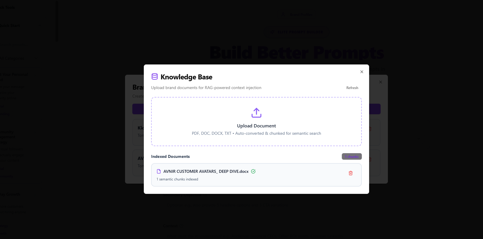 prompt builder with r2 RAG & indexing (not finished) template preview
