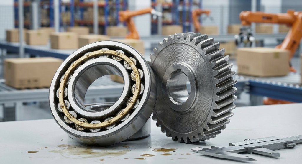 Close-up of precision industrial bearing and gear components showing high-quality manufacturing standards for conveyor applications