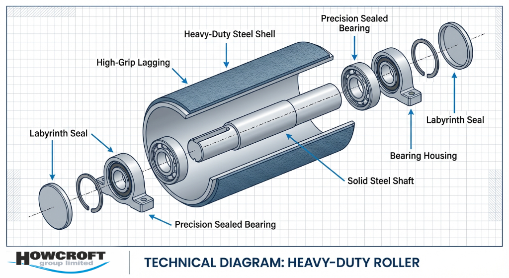 Detailed technical diagram showing heavy-duty conveyor roller components including bearings, shaft, and lagging materials for industrial refurbishment