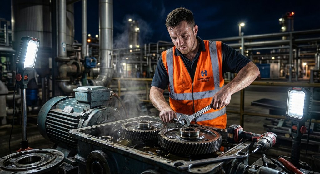 Professional engineer performing precision motor gearbox repair and rebuild service at Howcroft Group facility