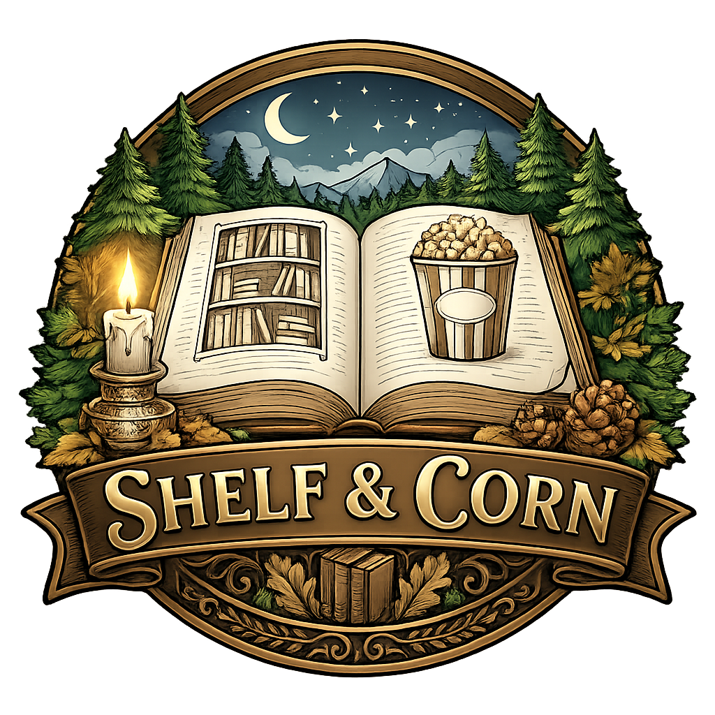 Shelf & Corn logo depicting an open book, a candle, popcorn, and a night sky with trees and mountains
