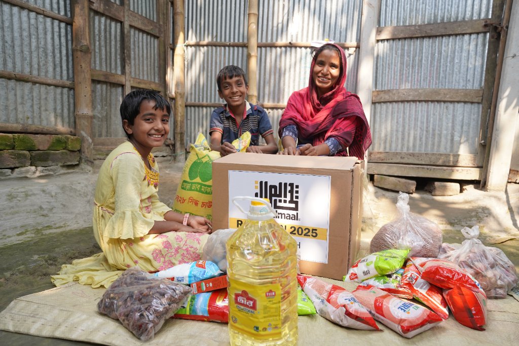 Family with food package donations