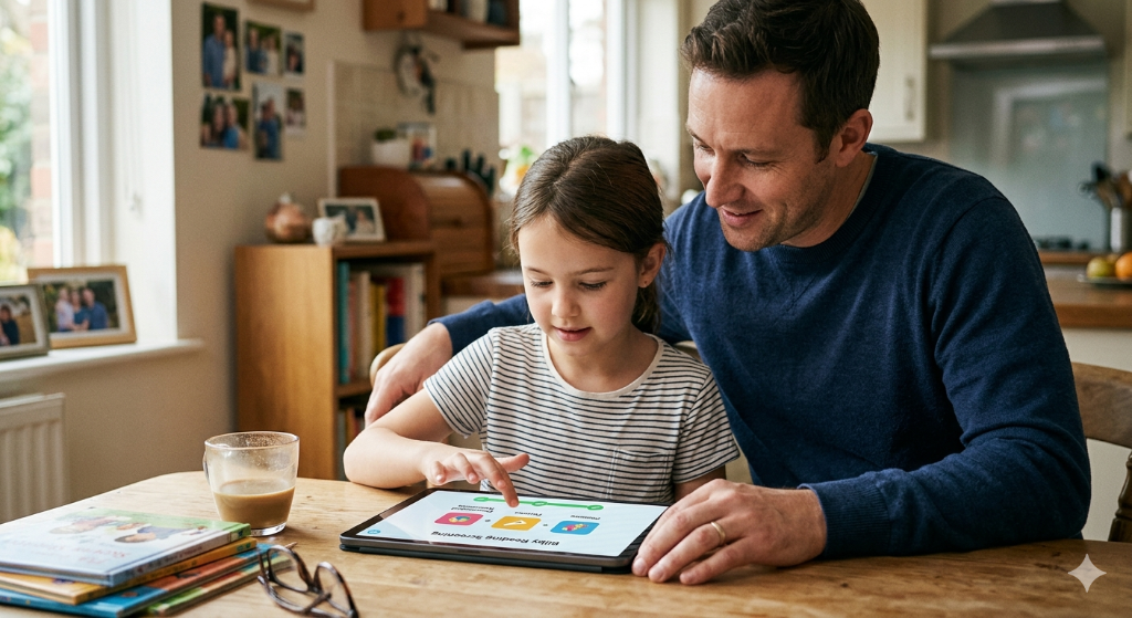 Parent and child using Bilby Reading Screening on tablet