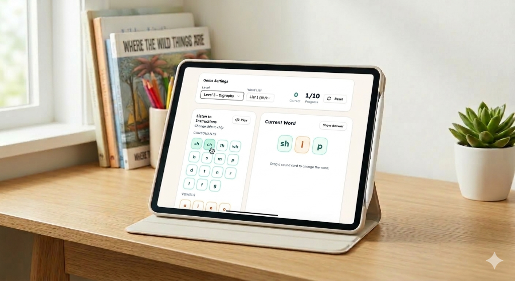 Bilby app showing Science of Reading activities on tablet