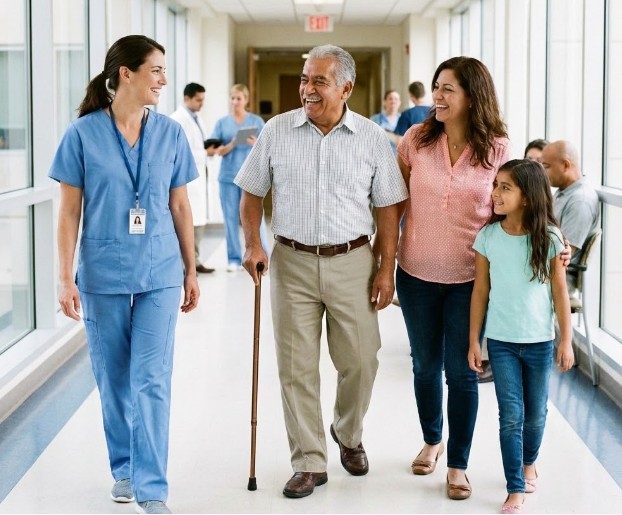 Healthcare provider walking with patient and family