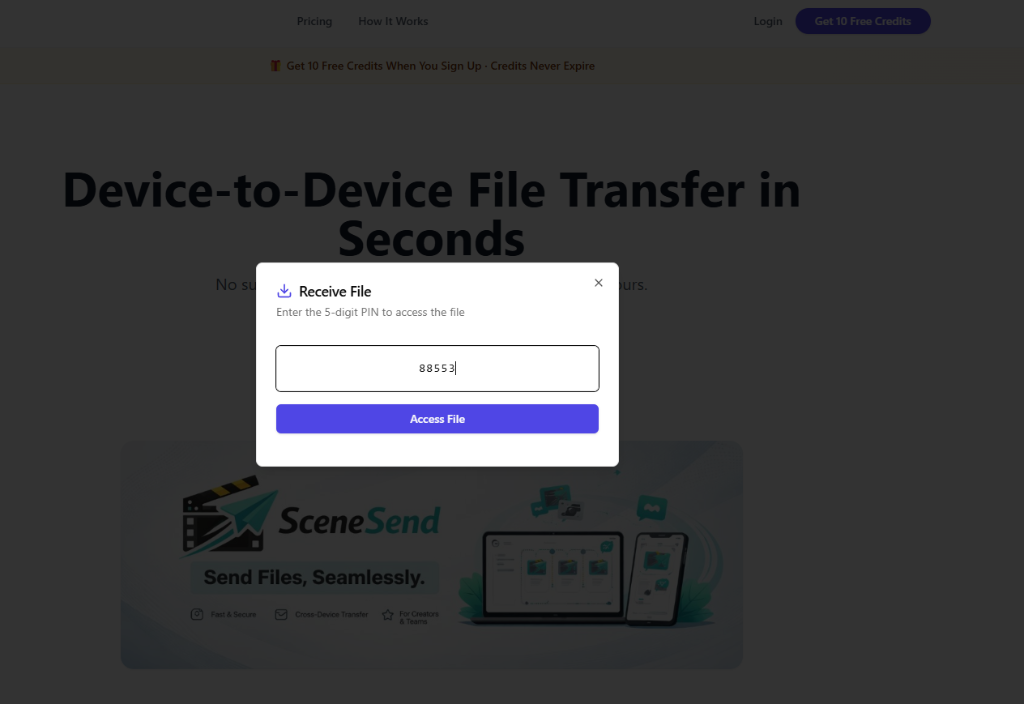 SceneSend receive PIN entry screen showing code input dialog for recipient to access file