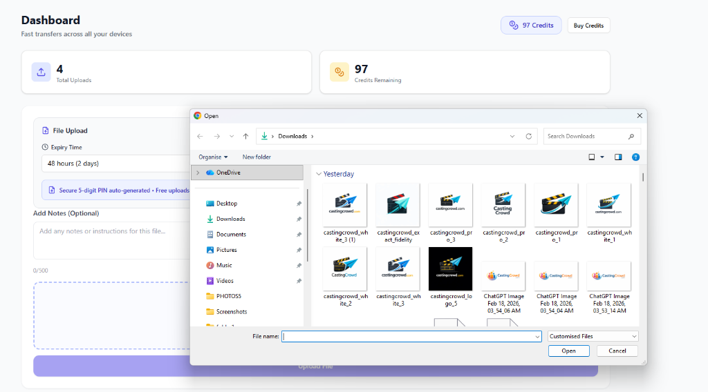 SceneSend upload interface showing file selection dialog and dashboard with file upload options
