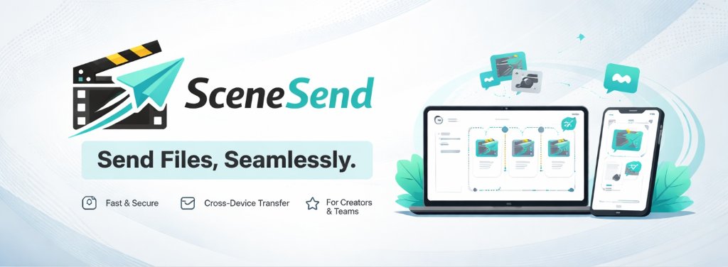 SceneSend file transfer workflow showing upload, receive code, and instant delivery across devices