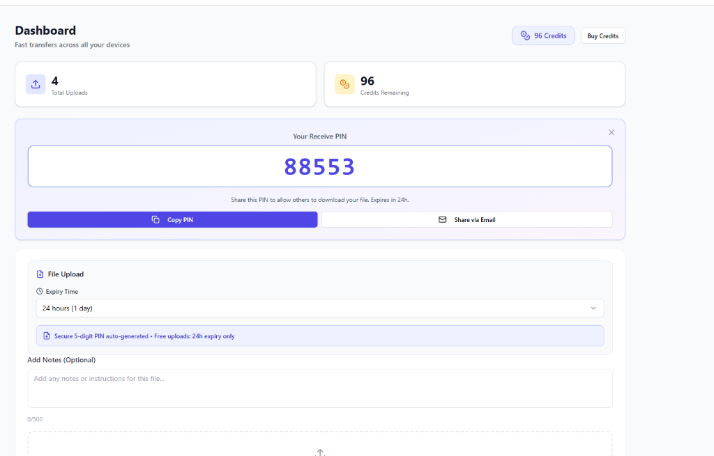 SceneSend receive PIN display showing unique 5-digit code for file access with copy and share options