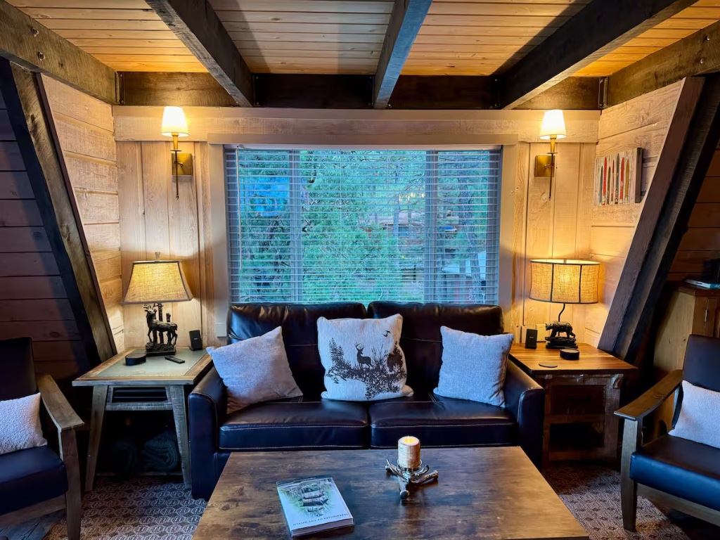 Living Room - Leather Couch & Forest Views