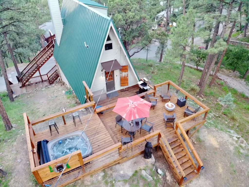 Aerial View - A-Frame Cabin with Deck & Hot Tub