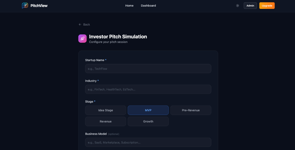 PitchView investor pitch configuration