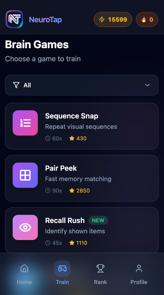 NeuroTap brain games selection screen