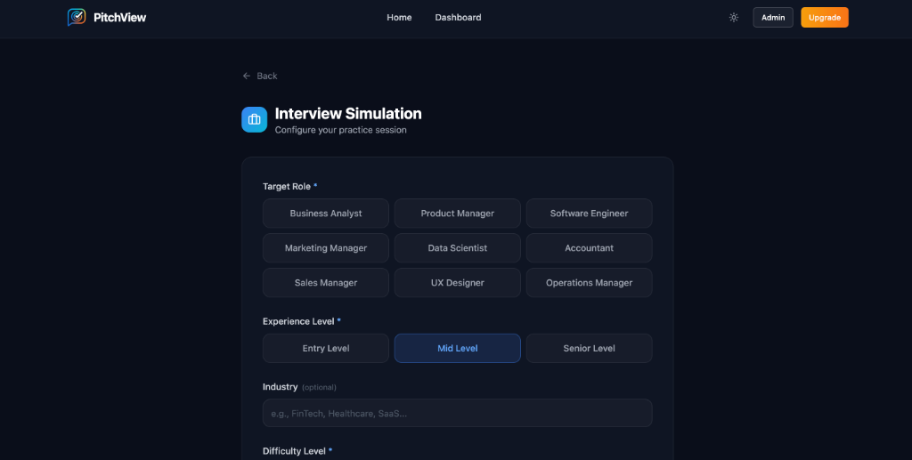 PitchView interview simulation configuration