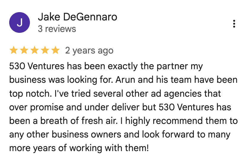 5-star Google review 3 for 530 Ventures digital marketing agency Ventura County