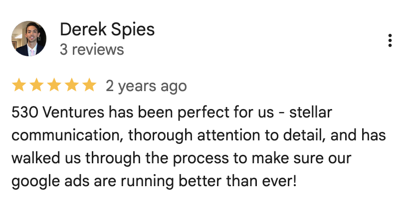 5-star Google review 5 for 530 Ventures digital marketing agency Ventura County