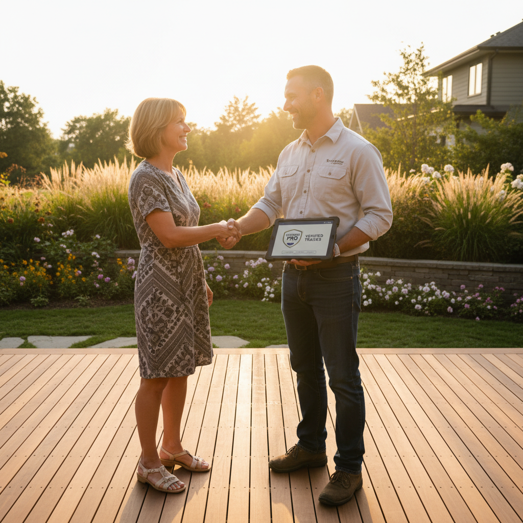 Homeowner and certified contractor confirming credentials on a completed hardwood deck
