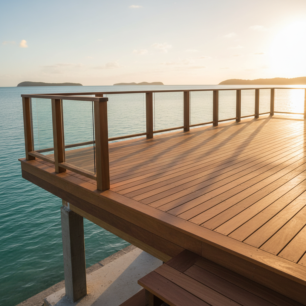 Exterior hardwood deck installation overlooking water